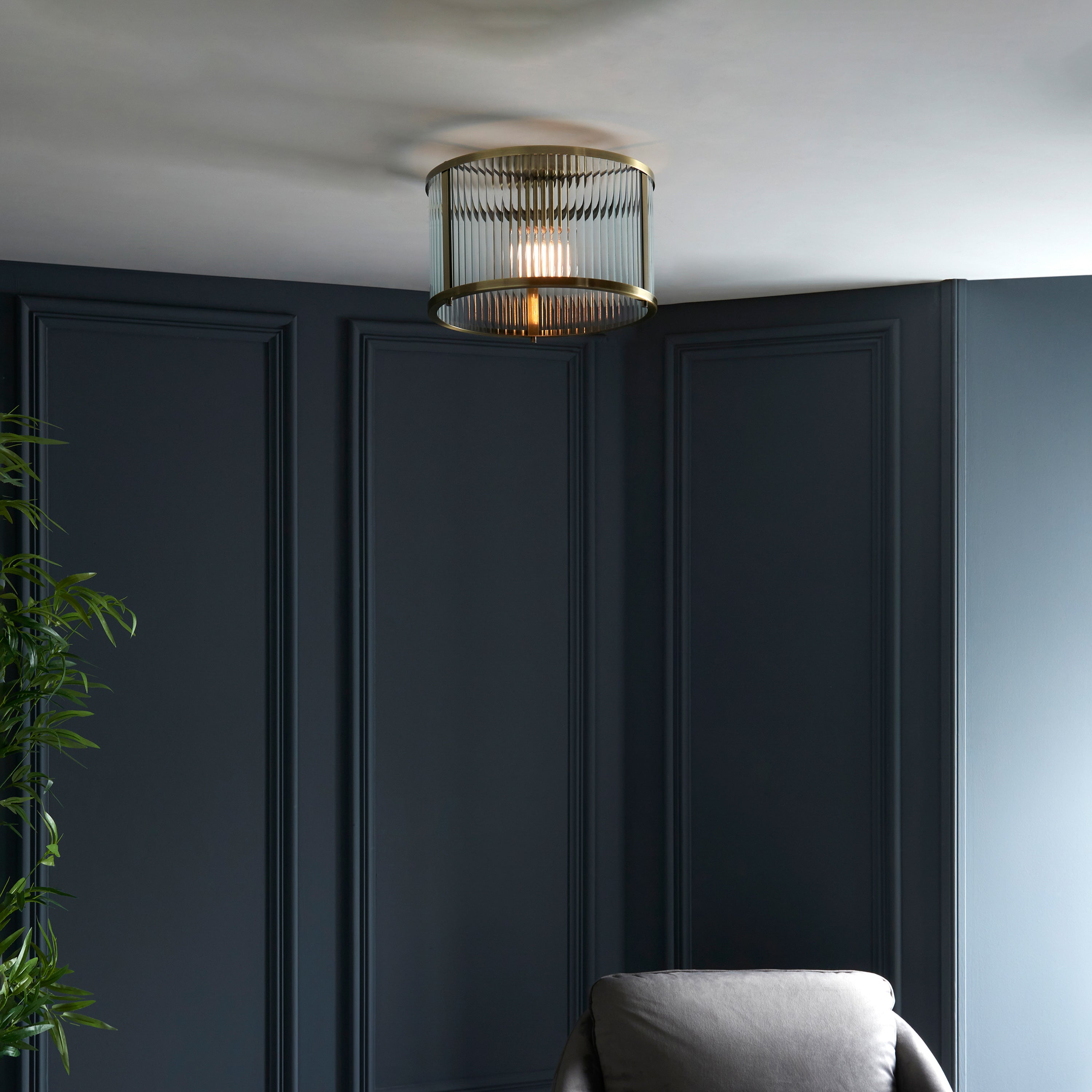 Hayden Antique Brass & Clear Ribbed Glass Ceiling Light